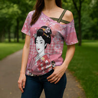 Japanese Geisha Cherry Blossom Cross Shoulder Shirt Pink Palaka Hawaii Pattern Fusion Design