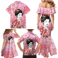 Japanese Geisha Cherry Blossom Family Matching Mermaid Dress and Hawaiian Shirt Pink Palaka Hawaii Pattern Fusion Design LT19 - Polynesian Pride