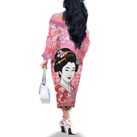 Japanese Geisha Cherry Blossom Family Matching Off The Shoulder Long Sleeve Dress and Hawaiian Shirt Pink Palaka Hawaii Pattern Fusion Design LT19 - Polynesian Pride