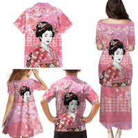 Japanese Geisha Cherry Blossom Family Matching Puletasi and Hawaiian Shirt Pink Palaka Hawaii Pattern Fusion Design