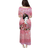 Japanese Geisha Cherry Blossom Family Matching Puletasi and Hawaiian Shirt Pink Palaka Hawaii Pattern Fusion Design