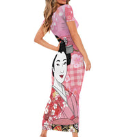 Japanese Geisha Cherry Blossom Family Matching Short Sleeve Bodycon Dress and Hawaiian Shirt Pink Palaka Hawaii Pattern Fusion Design LT19 - Polynesian Pride