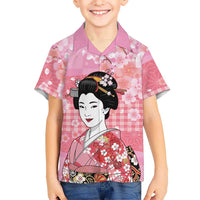 Japanese Geisha Cherry Blossom Family Matching Short Sleeve Bodycon Dress and Hawaiian Shirt Pink Palaka Hawaii Pattern Fusion Design LT19 Son's Shirt Pink - Polynesian Pride