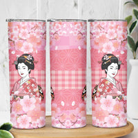 Japanese Geisha Cherry Blossom Skinny Tumbler Pink Palaka Hawaii Pattern Fusion Design LT19 - Polynesian Pride