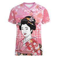 Japanese Geisha Cherry Blossom Women V-Neck T-Shirt Pink Palaka Hawaii Pattern Fusion Design LT19 Female Pink - Polynesian Pride