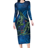 New Zealand Takahe Personalised Family Matching Long Sleeve Bodycon Dress and Hawaiian Shirt Silver Fern Galaxy Polynesian Pattern LT22 Mom's Dress Blue - Polynesian Pride