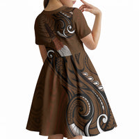New Zealand Taiaha Kid Short Sleeve Dress Maori Weapon Silver Fern Maori Pattern