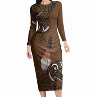 New Zealand Taiaha Long Sleeve Bodycon Dress Maori Weapon Silver Fern Maori Pattern