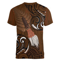 New Zealand Taiaha Women V-Neck T-Shirt Maori Weapon Silver Fern Maori Pattern