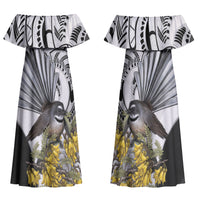 New Zealand Fantail Bird Couples Matching Off Shoulder Maxi Dress and Hawaiian Shirt Maori Piwakawaka Kowhai Maori Pattern