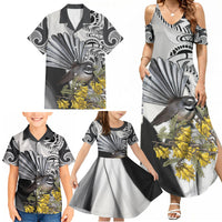 New Zealand Fantail Bird Family Matching Summer Maxi Dress and Hawaiian Shirt Maori Piwakawaka Kowhai Maori Pattern