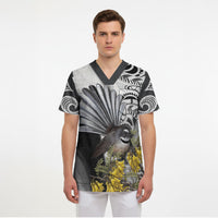 New Zealand Fantail Bird Scrub Top Maori Piwakawaka Kowhai Maori Pattern