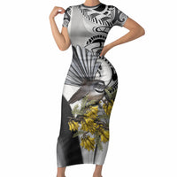 New Zealand Fantail Bird Short Sleeve Bodycon Dress Maori Piwakawaka Kowhai Maori Pattern