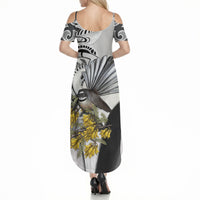 New Zealand Fantail Bird Summer Maxi Dress Maori Piwakawaka Kowhai Maori Pattern