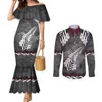 New Zealand Weka Personalised Couples Matching Mermaid Dress and Long Sleeve Button Shirt Aotearoa Hen Silver Fern Maori Pattern