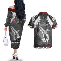 New Zealand Weka Personalised Couples Matching Off The Shoulder Long Sleeve Dress and Hawaiian Shirt Aotearoa Hen Silver Fern Maori Pattern LT22 - Polynesian Pride