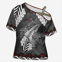 New Zealand Weka Personalised Cross Shoulder Shirt Aotearoa Hen Silver Fern Maori Pattern