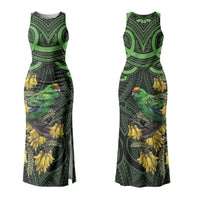New Zealand Parakeet Bird Couples Matching Tank Maxi Dress and Long Sleeve Button Shirt Maori Kakariki Kowhai Maori Pattern