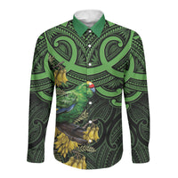 New Zealand Parakeet Bird Long Sleeve Button Shirt Maori Kakariki Kowhai Maori Pattern