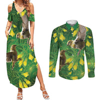 Bellbird New Zealand Personalised Couples Matching Summer Maxi Dress and Long Sleeve Button Shirt Kowhai Flower Maori Pattern LT22 Green - Polynesian Pride