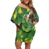 Bellbird New Zealand Personalised Family Matching Off Shoulder Short Dress and Hawaiian Shirt Kowhai Flower Maori Pattern LT22 Mom's Dress Green - Polynesian Pride