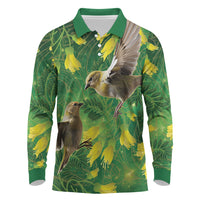 Bellbird New Zealand Personalised Long Sleeve Polo Shirt Kowhai Flower Maori Pattern LT22 Green - Polynesian Pride