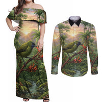 Bellbird New Zealand Personalised Couples Matching Off Shoulder Maxi Dress and Long Sleeve Button Shirt Korimako Harakeke Flower Native Forest LT22 Green - Polynesian Pride