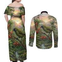 Bellbird New Zealand Personalised Couples Matching Off Shoulder Maxi Dress and Long Sleeve Button Shirt Korimako Harakeke Flower Native Forest LT22 - Polynesian Pride