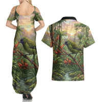 Bellbird New Zealand Personalised Couples Matching Summer Maxi Dress and Hawaiian Shirt Korimako Harakeke Flower Native Forest