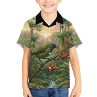 Bellbird New Zealand Personalised Family Matching Off Shoulder Short Dress and Hawaiian Shirt Korimako Harakeke Flower Native Forest LT22 Son's Shirt Green - Polynesian Pride