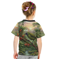 Bellbird New Zealand Personalised Kid T Shirt Korimako Harakeke Flower Native Forest