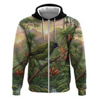 Bellbird New Zealand Personalised Zip Hoodie Korimako Harakeke Flower Native Forest LT22 Zip Hoodie Green - Polynesian Pride