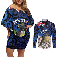 Tomtit New Zealand Personalised Couples Matching Off Shoulder Short Dress and Long Sleeve Button Shirt Miromiro Manuka Flower Maori Pattern LT22 Blue - Polynesian Pride