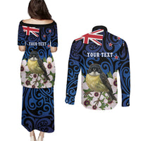 Tomtit New Zealand Personalised Couples Matching Puletasi and Long Sleeve Button Shirt Miromiro Manuka Flower Maori Pattern LT22 - Polynesian Pride