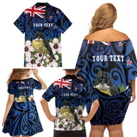 Tomtit New Zealand Personalised Family Matching Off Shoulder Short Dress and Hawaiian Shirt Miromiro Manuka Flower Maori Pattern LT22 - Polynesian Pride