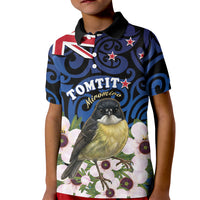 Tomtit New Zealand Personalised Kid Polo Shirt Miromiro Manuka Flower Maori Pattern