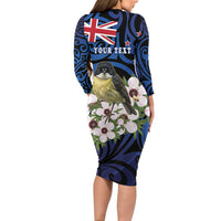 Tomtit New Zealand Personalised Long Sleeve Bodycon Dress Miromiro Manuka Flower Maori Pattern LT22 - Polynesian Pride