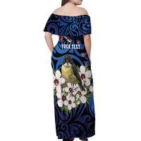 Tomtit New Zealand Personalised Off Shoulder Maxi Dress Miromiro Manuka Flower Maori Pattern