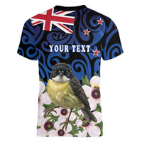 Tomtit New Zealand Personalised Women V-Neck T-Shirt Miromiro Manuka Flower Maori Pattern LT22 - Polynesian Pride