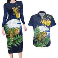 Kakapo New Zealand Personalised Couples Matching Long Sleeve Bodycon Dress and Hawaiian Shirt Kowhai Flower Silver Fern Maori Pattern LT22 Blue - Polynesian Pride