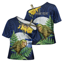 Kakapo New Zealand Personalised Cross Shoulder Shirt Kowhai Flower Silver Fern Maori Pattern LT22 - Polynesian Pride