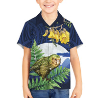 Kakapo New Zealand Personalised Family Matching Off Shoulder Maxi Dress and Hawaiian Shirt Kowhai Flower Silver Fern Maori Pattern LT22 Son's Shirt Blue - Polynesian Pride