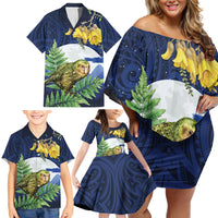 Kakapo New Zealand Personalised Family Matching Off Shoulder Short Dress and Hawaiian Shirt Kowhai Flower Silver Fern Maori Pattern LT22 - Polynesian Pride
