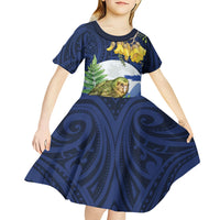 Kakapo New Zealand Personalised Kid Short Sleeve Dress Kowhai Flower Silver Fern Maori Pattern LT22 - Polynesian Pride