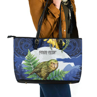 Kakapo New Zealand Personalised Leather Tote Bag Kowhai Flower Silver Fern Maori Pattern LT22 - Polynesian Pride