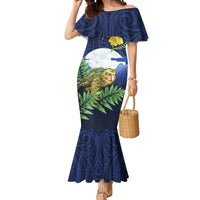 Kakapo New Zealand Personalised Mermaid Dress Kowhai Flower Silver Fern Maori Pattern LT22 Women Blue - Polynesian Pride