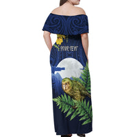 Kakapo New Zealand Personalised Off Shoulder Maxi Dress Kowhai Flower Silver Fern Maori Pattern LT22 - Polynesian Pride
