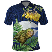 Kakapo New Zealand Personalised Polo Shirt Kowhai Flower Silver Fern Maori Pattern LT22 Blue - Polynesian Pride