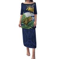 Kakapo New Zealand Personalised Puletasi Kowhai Flower Silver Fern Maori Pattern LT22 Long Dress Blue - Polynesian Pride
