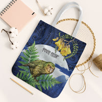 Kakapo New Zealand Personalised Tote Bag Kowhai Flower Silver Fern Maori Pattern LT22 White Strap One Size Blue - Polynesian Pride